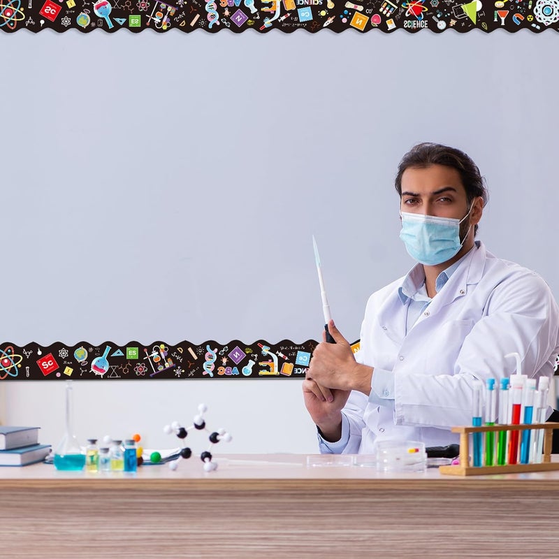 Geyee 84 Pieces 83 Feet Classroom Bulletin Board Borders Scalloped Rainbow Bulletin Board Trim Adhesive Decorations Colorful for Chalkboard, 6 Designs(Science Style) - Image 3